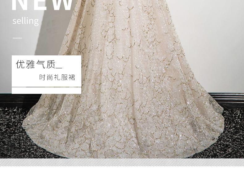 Evening Strap Patterned Beaded A-Line Spaghetti Gown