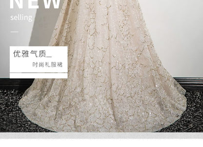 Spaghetti Strap Beaded Patterned A-Line Evening Gown