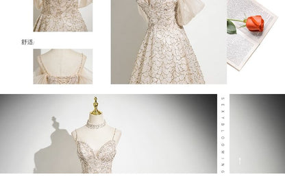 Evening Strap Patterned Beaded A-Line Spaghetti Gown