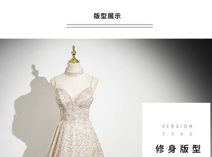 Spaghetti Strap Beaded Patterned A-Line Evening Gown