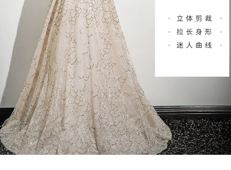 Spaghetti Strap Beaded Patterned A-Line Evening Gown