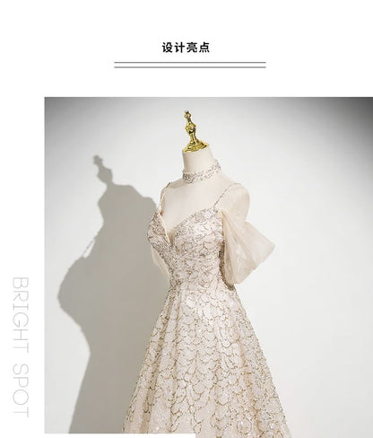 Evening Strap Patterned Beaded A-Line Spaghetti Gown