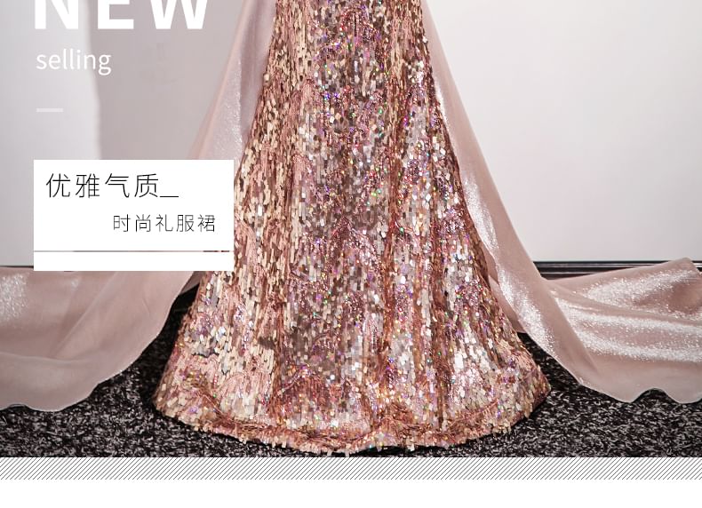 Evening Shoulder Bow Panel Gown Off Trumpet Sequin Sleeveless