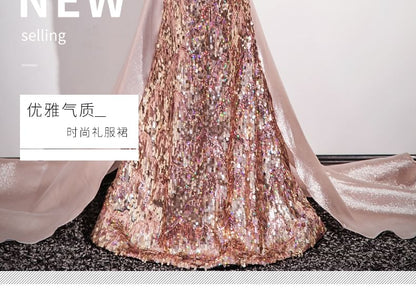 Evening Shoulder Bow Panel Gown Off Trumpet Sequin Sleeveless