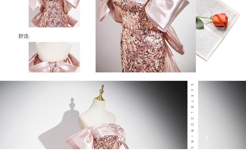 Evening Shoulder Bow Panel Gown Off Trumpet Sequin Sleeveless