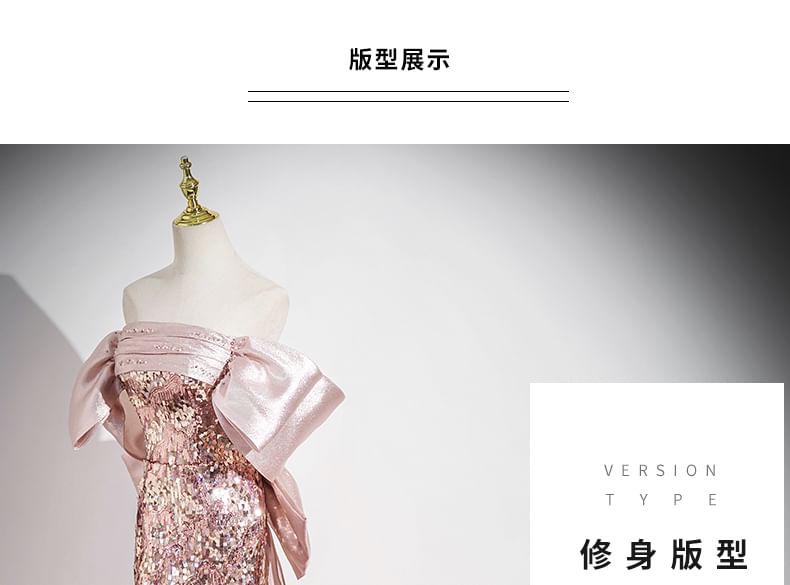 Evening Shoulder Bow Panel Gown Off Trumpet Sequin Sleeveless