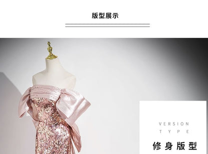 Evening Shoulder Bow Panel Gown Off Trumpet Sequin Sleeveless