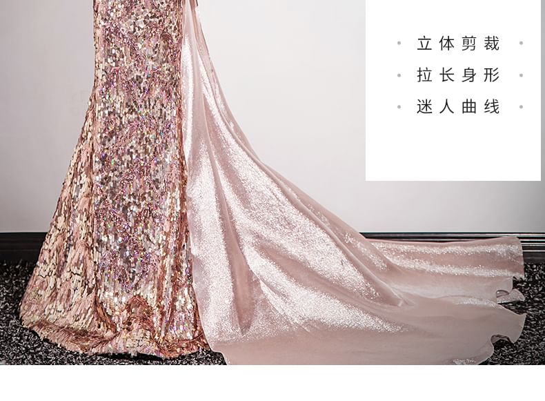 Evening Shoulder Bow Panel Gown Off Trumpet Sequin Sleeveless