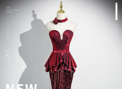 Sequin Peplum Panel Trumpet Tube Evening Gown