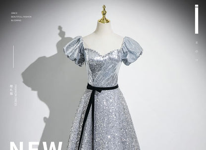 A-Line Neck Sweetheart Sequin Evening Puff Bow Sleeve Gown