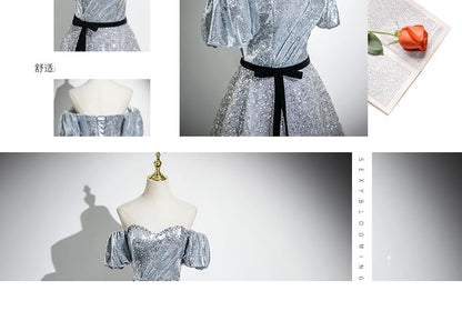 A-Line Neck Sweetheart Sequin Evening Puff Bow Sleeve Gown