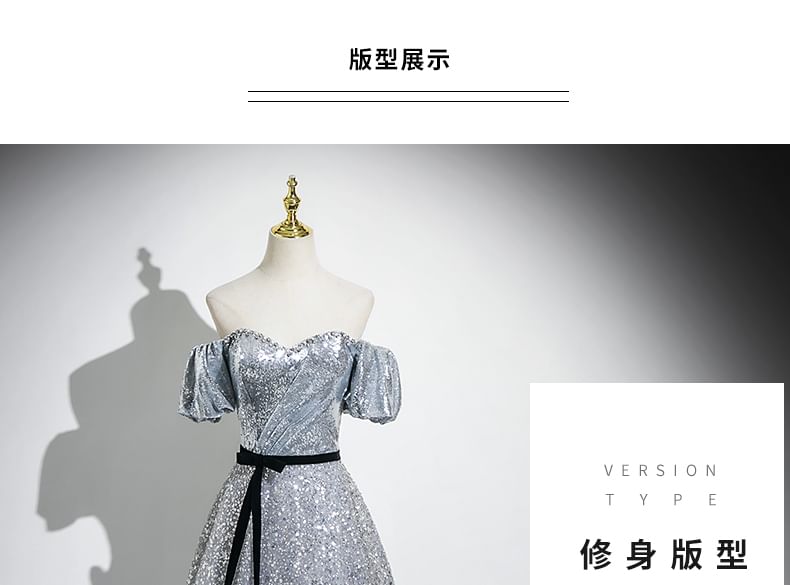 A-Line Neck Sweetheart Sequin Evening Puff Bow Sleeve Gown