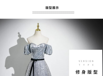 A-Line Neck Sweetheart Sequin Evening Puff Bow Sleeve Gown