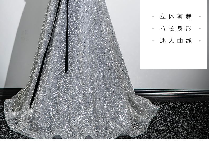 A-Line Neck Sweetheart Sequin Evening Puff Bow Sleeve Gown