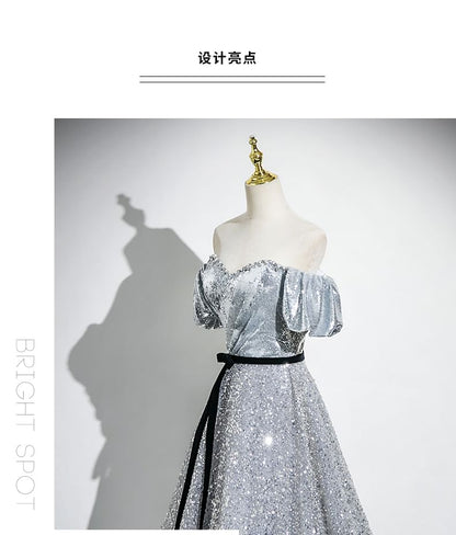 A-Line Neck Sweetheart Sequin Evening Puff Bow Sleeve Gown