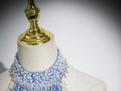 Neck Evening Mesh Sleeveless Patterned A-Line Mock Beaded Gown