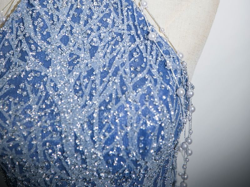 Neck Evening Mesh Sleeveless Patterned A-Line Mock Beaded Gown