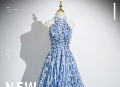 Neck Evening Mesh Sleeveless Patterned A-Line Mock Beaded Gown