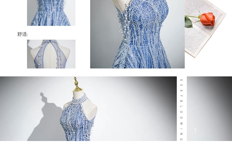 Neck Evening Mesh Sleeveless Patterned A-Line Mock Beaded Gown