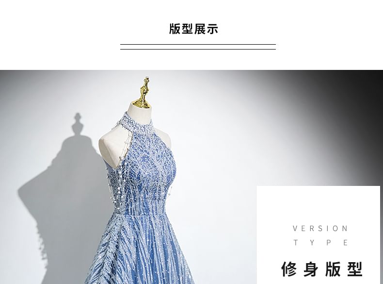 Neck Evening Mesh Sleeveless Patterned A-Line Mock Beaded Gown