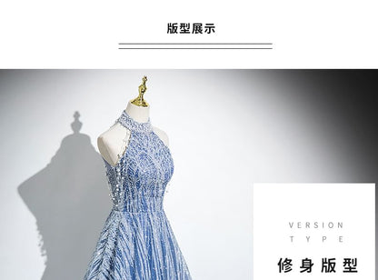 Neck Evening Mesh Sleeveless Patterned A-Line Mock Beaded Gown