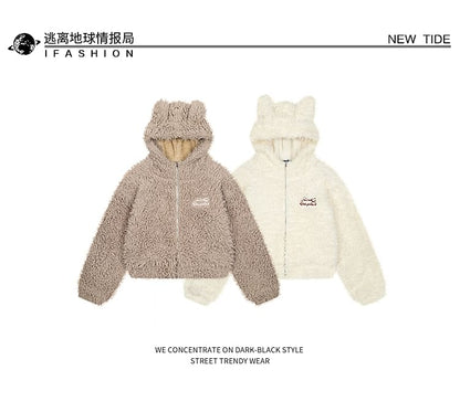 Bow Embroidered Rabbit Ear Hooded Fluffy Zip Jacket