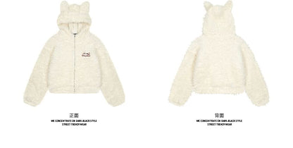 Bow Embroidered Rabbit Ear Hooded Fluffy Zip Jacket