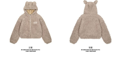 Bow Embroidered Rabbit Ear Hooded Fluffy Zip Jacket