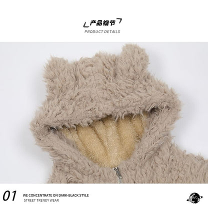 Bow Embroidered Rabbit Ear Hooded Fluffy Zip Jacket