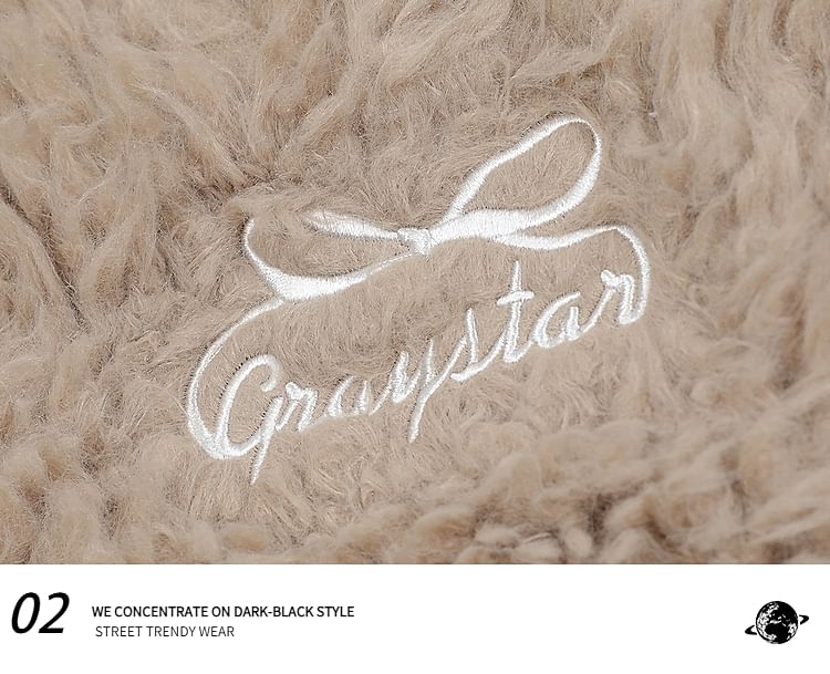 Bow Embroidered Rabbit Ear Hooded Fluffy Zip Jacket