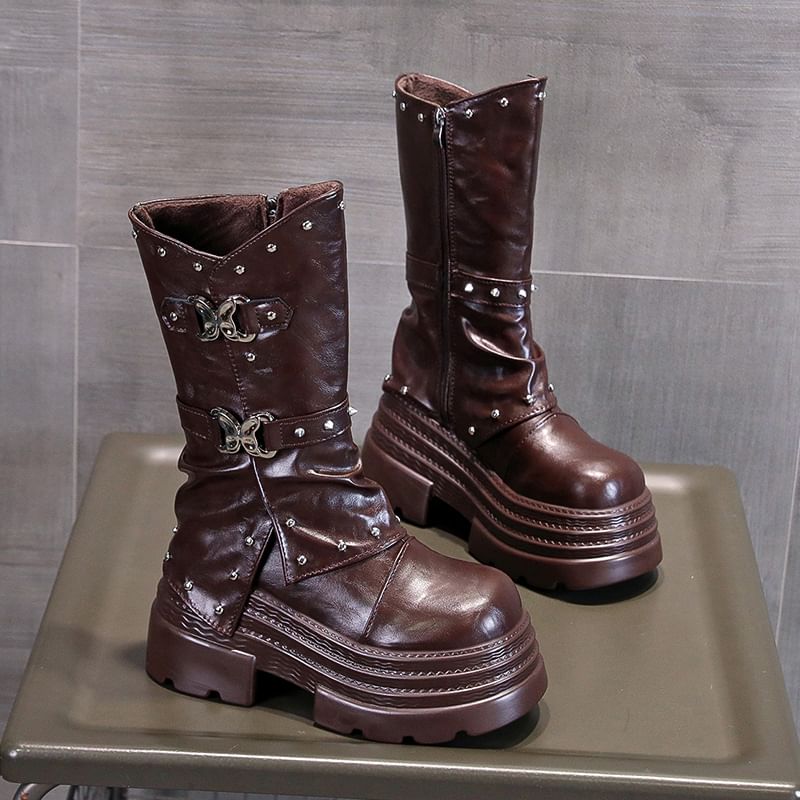 Platform Buckle Mid Calf Boots