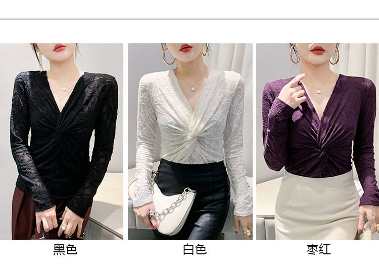 V-Neck Knotted Lace Top with Long Sleeves