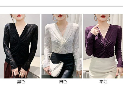 V-Neck Knotted Lace Top with Long Sleeves