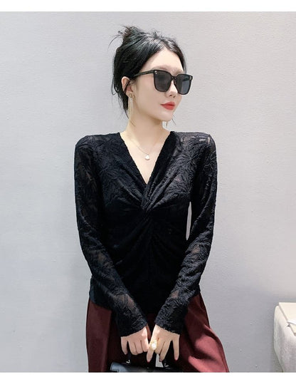 V-Neck Knotted Lace Top with Long Sleeves