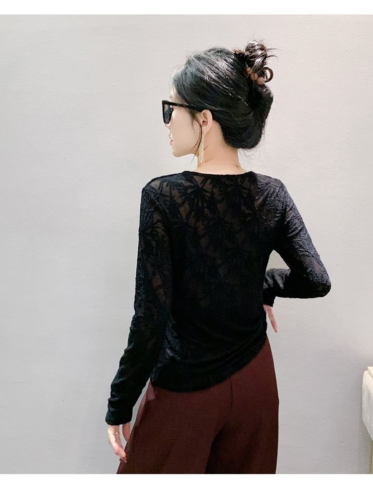 V-Neck Knotted Lace Top with Long Sleeves