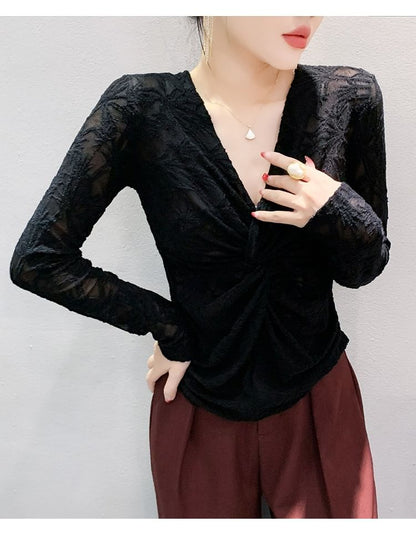 V-Neck Knotted Lace Top with Long Sleeves