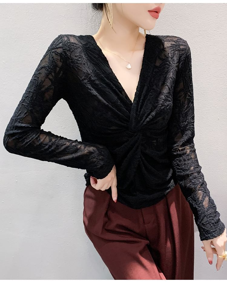 V-Neck Knotted Lace Top with Long Sleeves