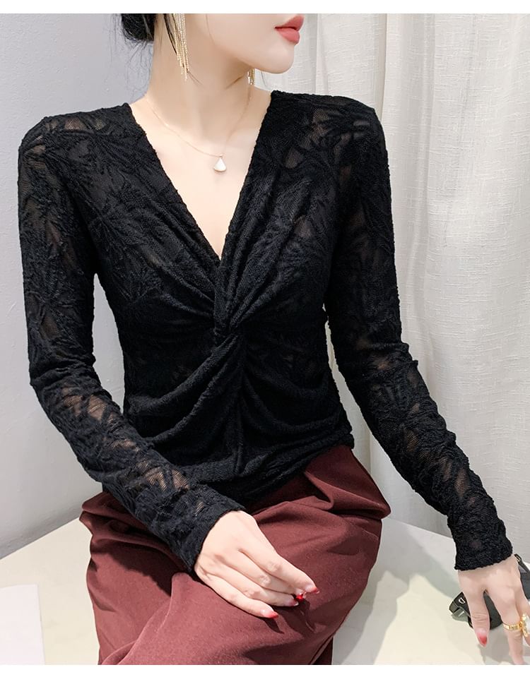 V-Neck Knotted Lace Top with Long Sleeves