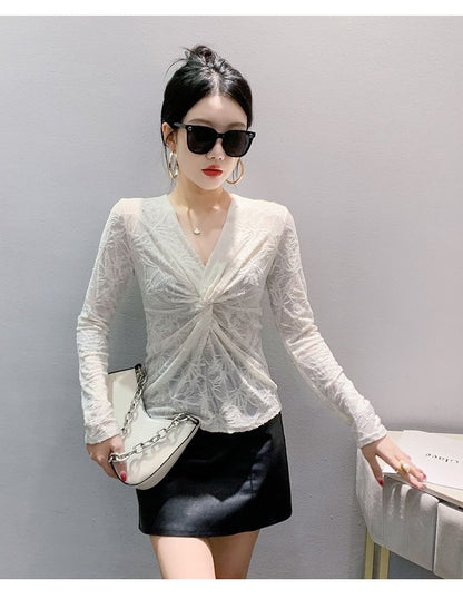 V-Neck Knotted Lace Top with Long Sleeves
