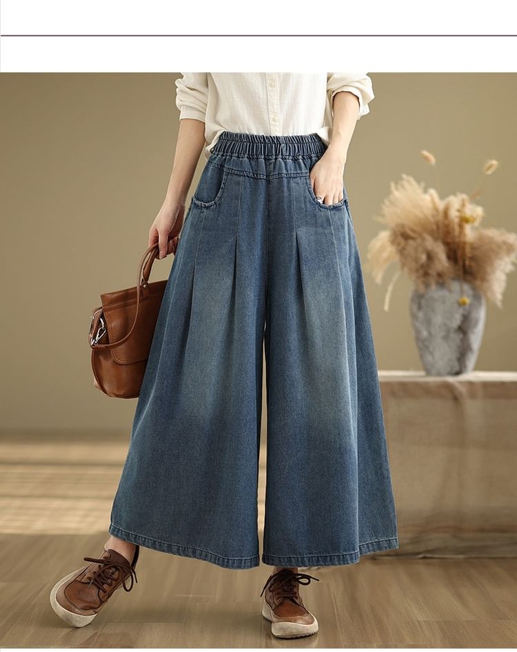 Elastic Waist Washed Pleated Denim Culottes