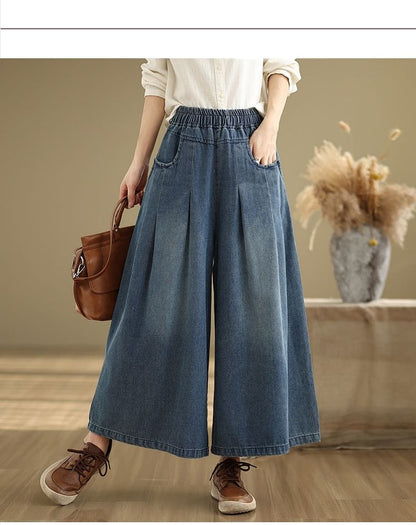 Elastic Waist Washed Pleated Denim Culottes