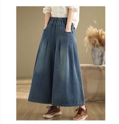 Elastic Waist Washed Pleated Denim Culottes
