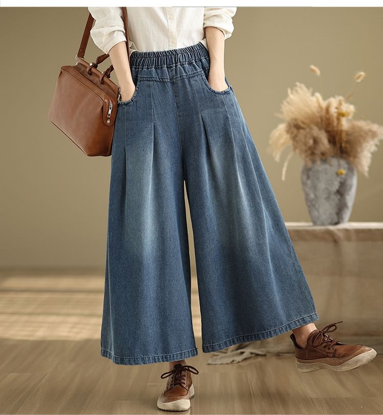 Elastic Waist Washed Pleated Denim Culottes
