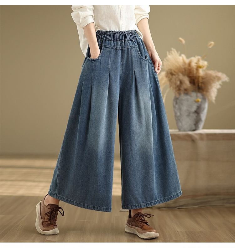 Elastic Waist Washed Pleated Denim Culottes
