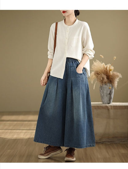 Elastic Waist Washed Pleated Denim Culottes