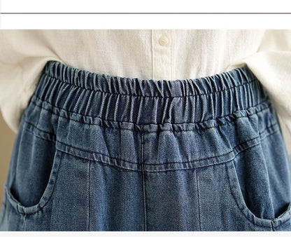 Elastic Waist Washed Pleated Denim Culottes