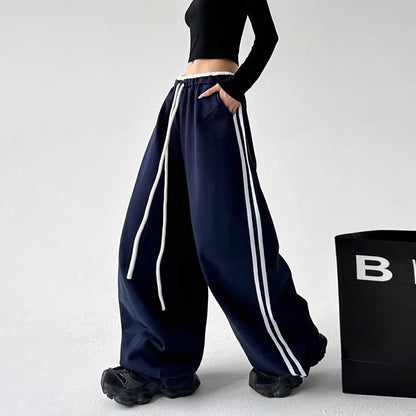 Low Waist Ruffled-Trim Striped Loose-Fit Wide-Leg Sweatpants