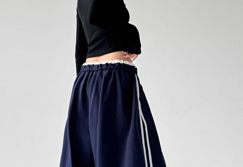 Low Waist Ruffled-Trim Striped Loose-Fit Wide-Leg Sweatpants