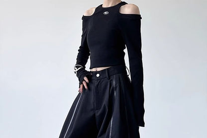 Low Rise Faux Leather Paneled Loose-Fit Wide-Leg Pants