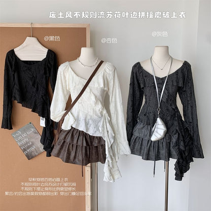 Long-Sleeve Scoop Neck Plain Ruffle Trim Asymmetrical Top